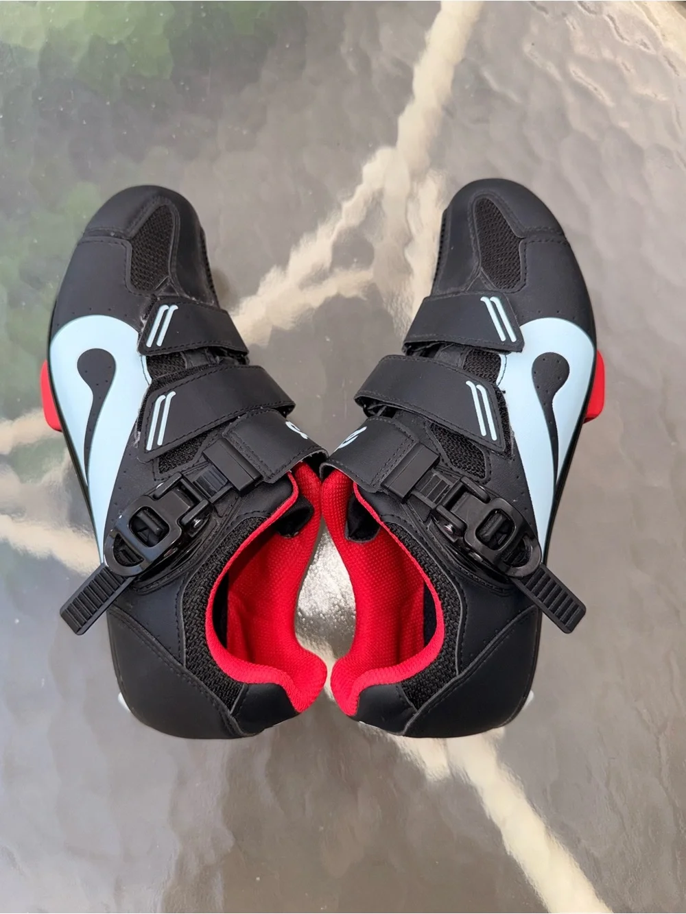 Peloton Kids Black Shoes with Red Lining and Light Blue Accent